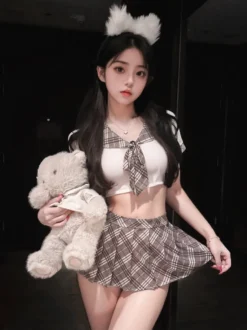 Lingerie de cosplay d'écolière haut court marin à carreaux marron tenue de jeu de rôle d'étudiante avec chaussettes hautes