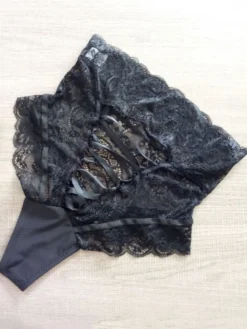 Lingerie Fendue Culotte sexy noire à lacets pour femmes sous-vêtements taille haute