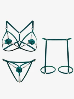 Lingerie Fendue Ensemble soutien-gorge et culotte à fleurs rouges 3 pièces avec bonnets ouverts Lingerie sexy