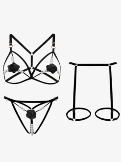 Lingerie Fendue Ensemble soutien-gorge et culotte à fleurs rouges 3 pièces avec bonnets ouverts Lingerie sexy