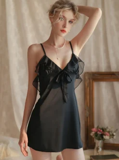 Lingerie Nuisette Femme À Bretelle Robe Courte Nœud Polyester Sexy
