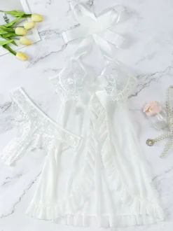 Lingerie Robe à Bretelle Nuisettes sexy en dentelle transparente blanche sexy
