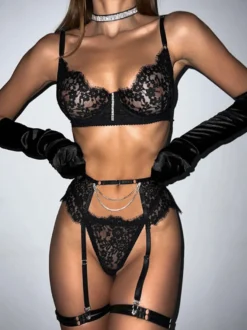 Lingerie Soutiens-Gorge Sous-Vêtement Pour Femme Noir Strass 3 Pièces