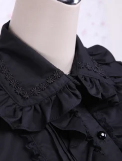 Lolita Blouse Pure coton noir 2026 Manches courtes volants Col à revers Déguisements Halloween