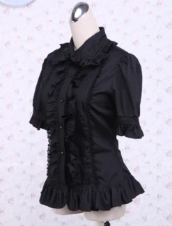 Lolita Blouse Pure coton noir 2026 Manches courtes volants Col à revers Déguisements Halloween