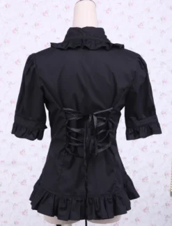 Lolita Blouse Pure coton noir 2026 Manches courtes volants Col à revers Déguisements Halloween