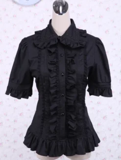 Lolita Blouse Pure coton noir 2026 Manches courtes volants Col à revers Déguisements Halloween