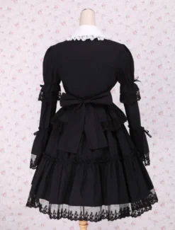 Lolita de coton noir OP robe manches longues ronde collier dentelle Déguisements