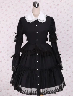 Lolita de coton noir OP robe manches longues ronde collier dentelle Déguisements