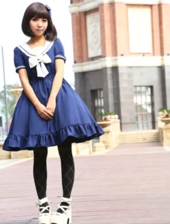 Lolita de mousseline de soie bleu marine OP robe Asibuto Penta manches courtes marin Style Déguisements Halloween