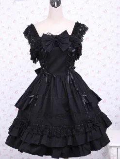 Lolita JSK Robe à Bretelle Noir Avec Noeud En Dentelle Déguisements