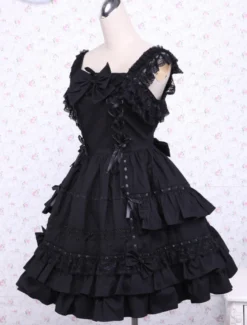 Lolita JSK Robe à Bretelle Noir Avec Noeud En Dentelle Déguisements