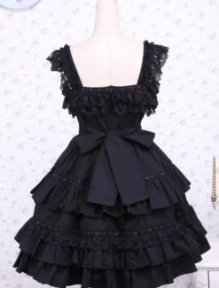 Lolita JSK Robe à Bretelle Noir Avec Noeud En Dentelle Déguisements