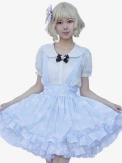 Lolita SK Jupe Style Pastoral Volants À Imprimée Fleurie Bleu Ciel Clair