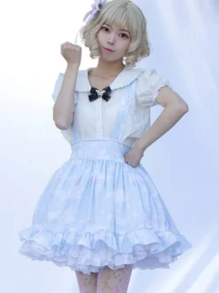 Lolita SK Jupe Style Pastoral Volants À Imprimée Fleurie Bleu Ciel Clair