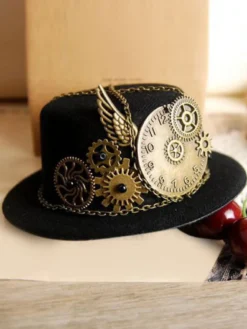 Lolita Vintage chapeau noir aile Steampunk engrenage chaînes déco rétro Lolita Cap Déguisements Halloween