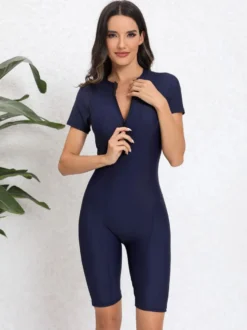 Maillot de bain athlétique shorty à fermeture éclair sur le devant et coutures contrastées
