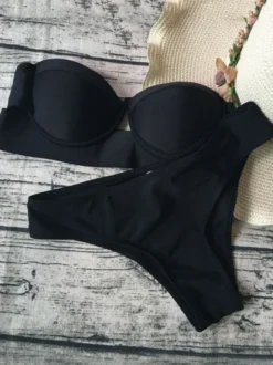 Maillot de Bain Bikini Ensembles 2 Pièces Femme Eté Taille Haute sans Bretelles à Col Décolleté avec Dos Nu Unicolore Sexy