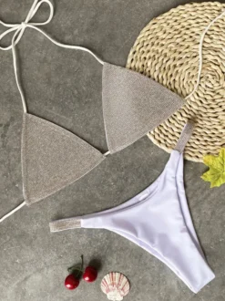 Maillot de Bain Bikini Ensembles 2 Pièces Femme Vernis Eté Taille Haute avec Bretelles à Col Décolleté en V avec Dos Nu Cousu Bicolores Sexy
