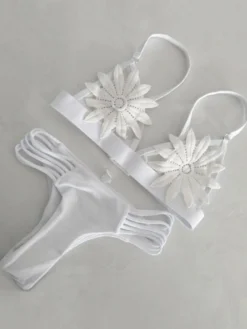 Maillot de Bain Bikini Ensembles 2 Pièces 2026 Blanc Femme Eté Imprimés Florals Taille Haute avec Bretelles à Col Décolleté en V Dos Nu Unicolore Sexy