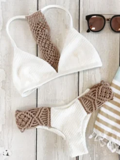 Maillot de Bain Bikini Ensembles 2 Pièces Femme Eté 2026 en Maille avec Bretelles à Col Décolleté en V avec Dos Nu Bicolores Sexy