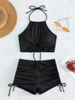 Maillot de bain bikini marron à lacets pour femme idéal pour l'été à la plage.