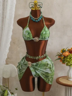 Maillot de bain bikini rose pour femme avec détails métalliques et taille naturelle maillot de bain sexy d'été