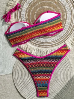 Maillot de bain deux pièces bikini triangle vintage ethnique à rayures et à nouer sur les côtés