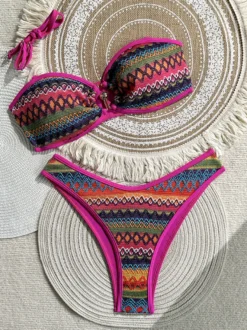 Maillot de bain deux pièces bikini triangle vintage ethnique à rayures et à nouer sur les côtés