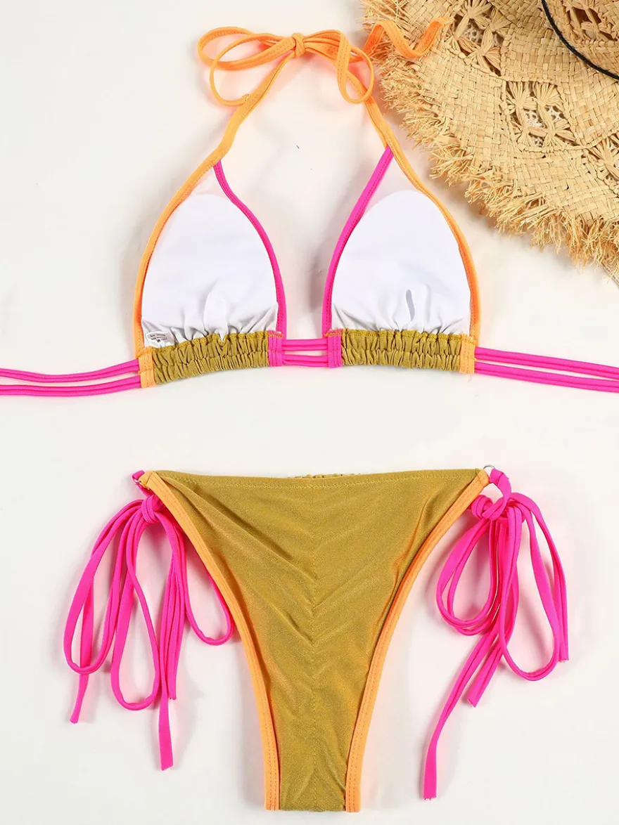 Maillot de bain deux pièces sexy à cordon de couleur contrastée pour l'été 2026