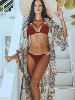Maillot de Bain en Paillette Bikini Sexy Femme Eté à Col Décolleté en V avec Bretelles Taille Haute Unicolore Bikini Push Up