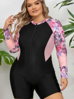 Maillot de bain une pièce athlétique grande taille à manches fleuries et fermeture éclair