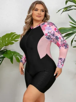Maillot de bain une pièce athlétique grande taille à manches fleuries et fermeture éclair