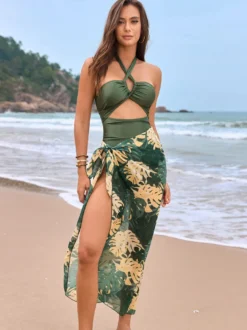 Maillot de bain une pièce bleu ciel clair imprimé floral sexy dos nu sans manches.