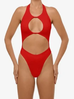 Maillot de bain une pièce échancré pour femme - Monokini rouge sexy à col halter - Idéal pour les fêtes d'été à la plage et à la piscine 2026
