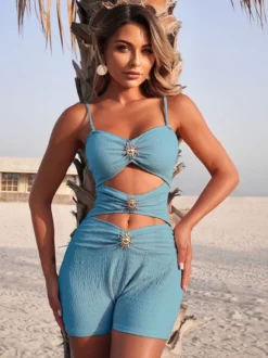 Maillot de bain une pièce découpé pour femme - Monokini texturé à taille haute froncée avec boucle solaire - Collection été 2026