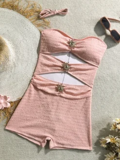 Maillot de bain une pièce découpé pour femme - Monokini texturé à taille haute froncée avec boucle solaire - Collection été 2026