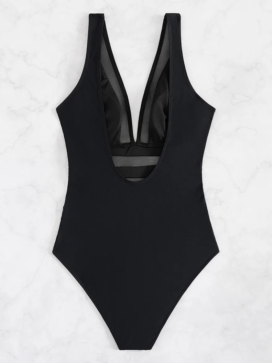 Maillot de bain une pièce à empiècements en maille et rayures transparentes avec dos ouvert 2026