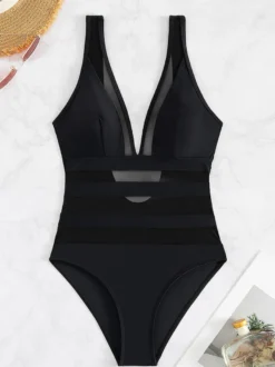 Maillot de bain une pièce à empiècements en maille et rayures transparentes avec dos ouvert 2026