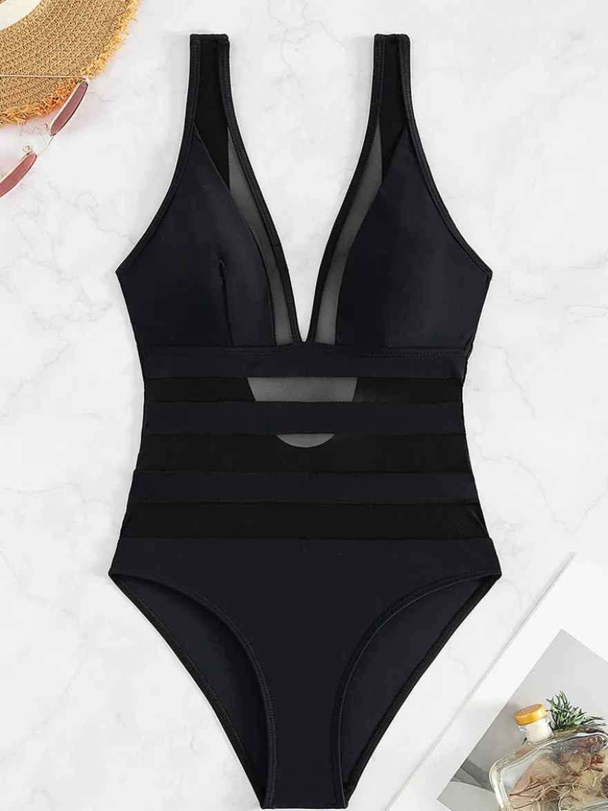 Maillot de bain une pièce à empiècements en maille et rayures transparentes avec dos ouvert 2026