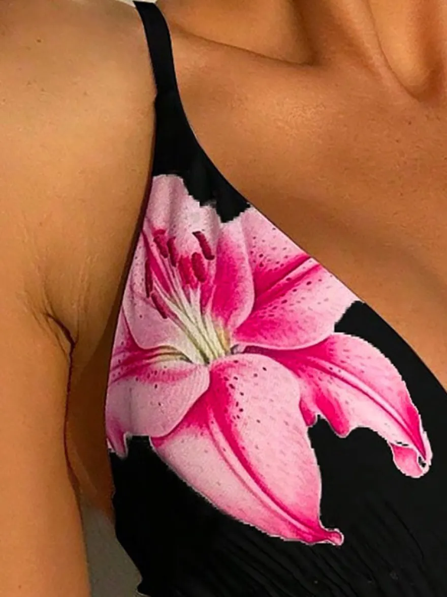 Maillot de bain une pièce imprimé lys dos croisé et décolleté plongeant