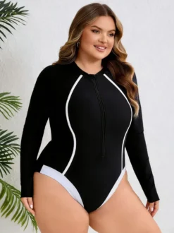 Maillot de bain une pièce à manches longues et fermeture éclair sur le devant coupe cintrée avec lignes contrastées