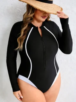 Maillot de bain une pièce à manches longues et fermeture éclair sur le devant coupe cintrée avec lignes contrastées