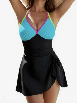 Maillot de bain une pièce pour femme noir color block col en V idéal pour la plage en été