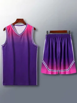 Maillot De Basket-Ball Ensemble 2 Pièces Violet Bleu Noir Blanc Adulte Homme