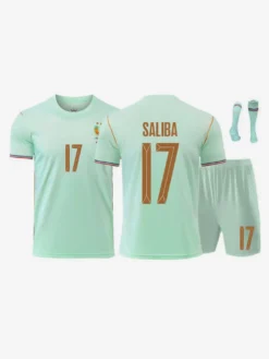 Maillot de football extérieur de l'équipe de France 2026 manches courtes ensemble 3 pièces pour adultes et enfants : n° 12 Barcola n° 17 Saliba n° 18 Zaïre-Emery