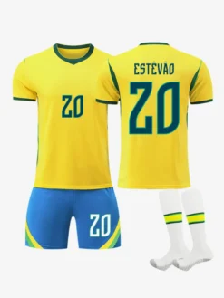 Maillot de Foot Brésil Domicile 2026 Raphinha 11 Vini Jr 7 Ensemble 3 Pièces avec Short Adultes et Enfants, Kit Supporter Jaune