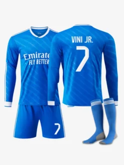 Maillot de sport à manches longues bleu pour adultes et enfants numéro 10 Mbappé numéro 7 Vini.JR Football Club extérieur 25/26