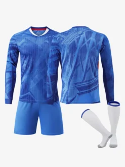 Maillot domicile bleu à manches longues 25/26 personnalisé pour adultes et enfants ensemble 3 pièces