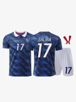 Maillot domicile de l'équipe de France 2026 n° 12 Barcola n° 17 Saliba manches courtes ensemble 3 pièces pour adultes et enfants